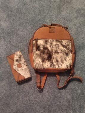 Brown Leather & Cowhide Woman Backpack And Wallet New Never Used